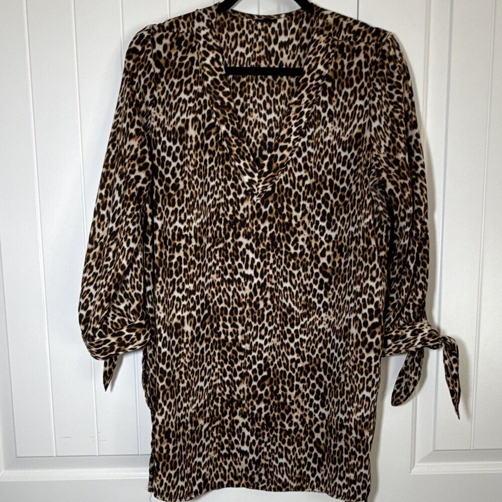 Brown Black Leopard Animal Print V-Neck Tie 3/4 Sleeve Tunic Blouse L